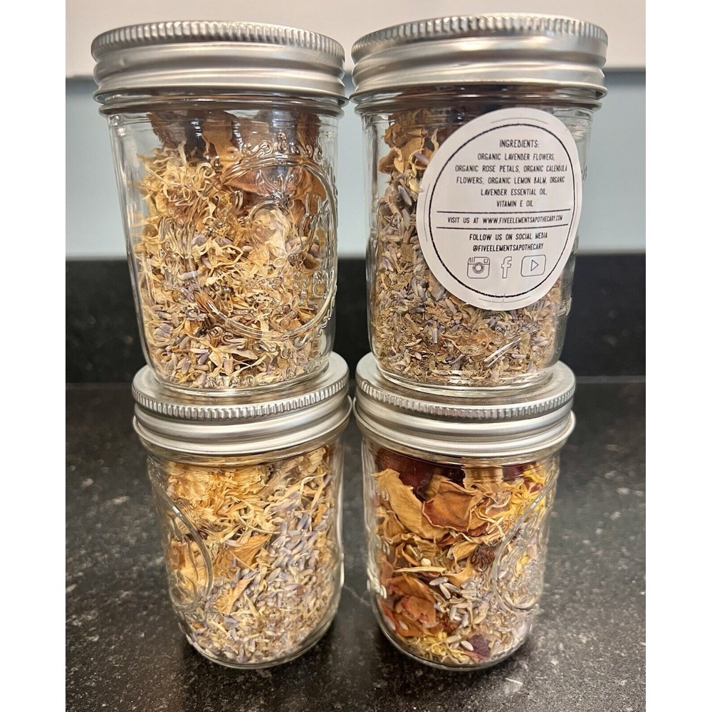 Lot Of 4 Handmade‎ Organic Bath Mix Jars With Relaxing Lavender Rose & Calendula